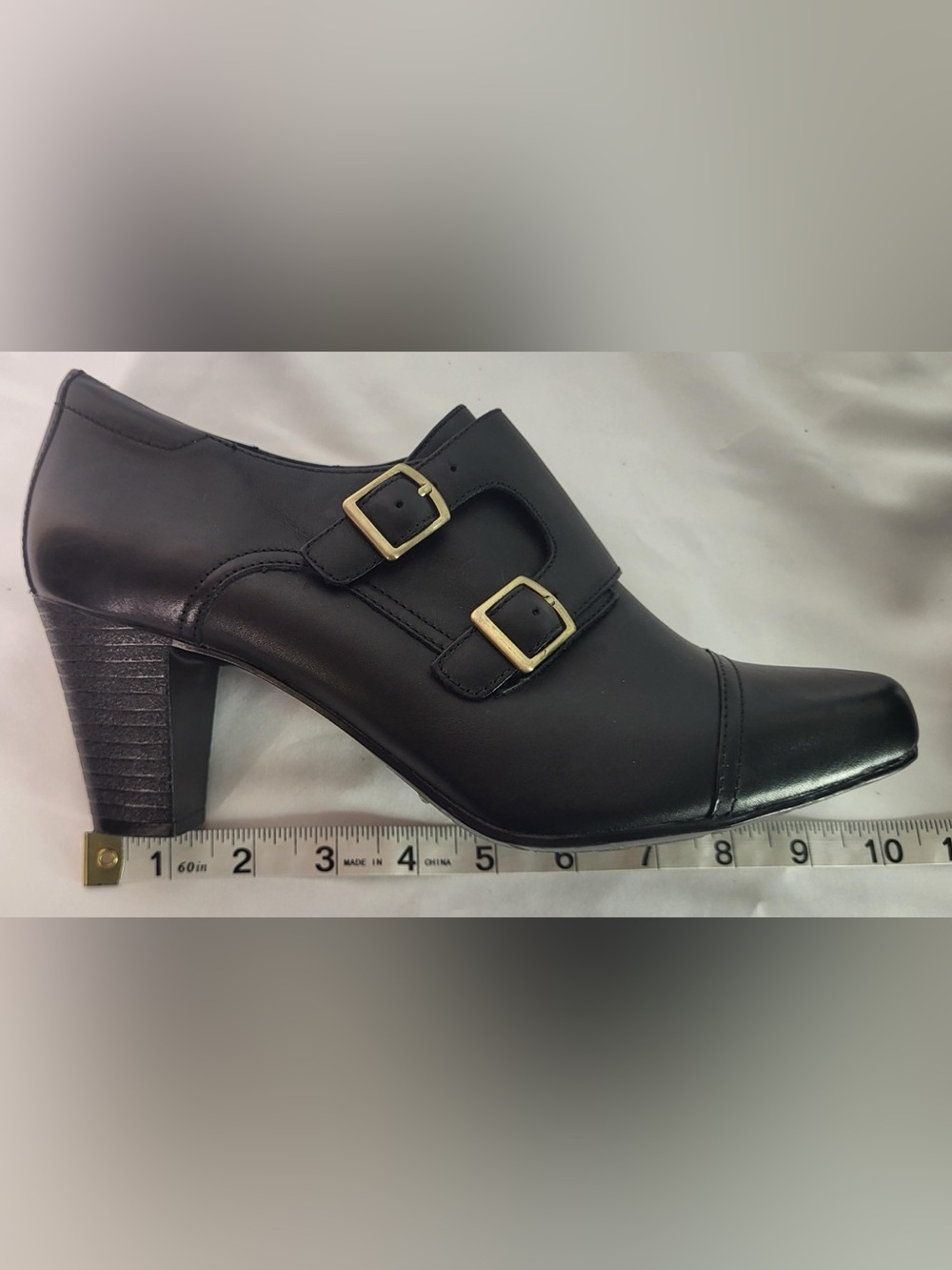 Clarks Bendables Black Leather Double Monk Strap Block Heel Booties - Size 9 - Picture 15 of 15
